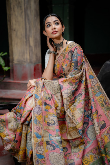 Pink Color Floral & Figure Motif Organic Dye Kalamkari Saree - BBS38